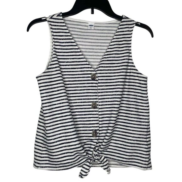 Old Navy Top Size Medium V-Neck Striped Front Button Closure Tie Blue White - Picture 2 of 8